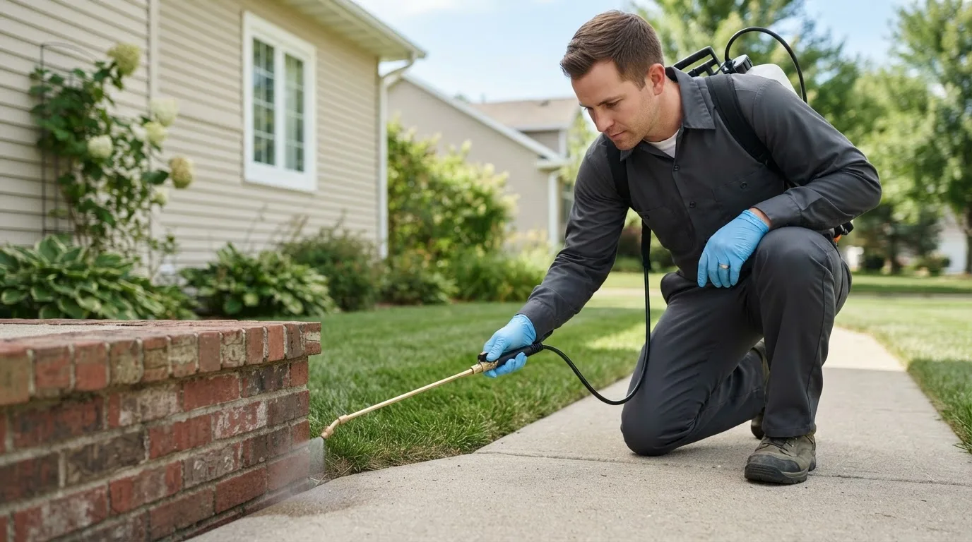 Pest control technician treating a home near Vermilion, OH